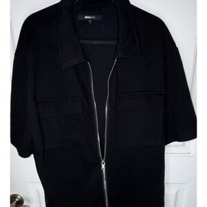 NOVA MEN Black Short Sleeve Zip Front Shirt XL Zipper Pocket Collared